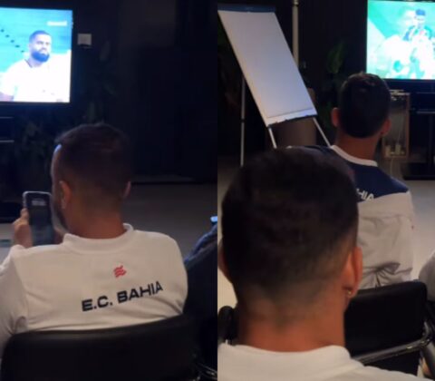 Imagem do post Da Espanha, elenco principal do Bahia assiste estreia dos ‘Pivetes de Aço’ no Baianão