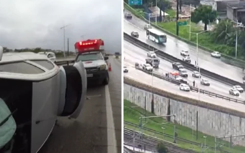 Imagem do post Acidente na BR-324: carro capota na ligação com Via Expressa; motorista fica ferido