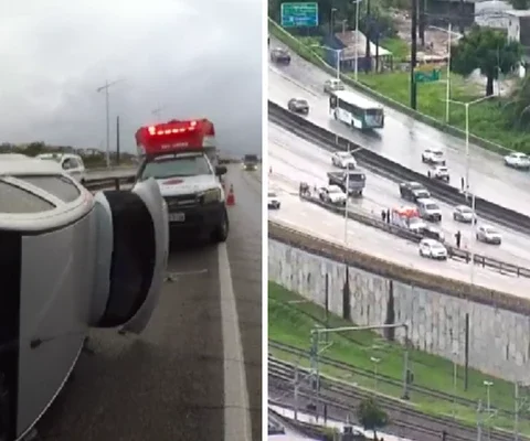 Imagem do post Acidente na BR-324: carro capota na ligação com Via Expressa; motorista fica ferido