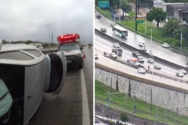 Acidente na BR-324: carro capota na ligação com Via Expressa; motorista fica ferido