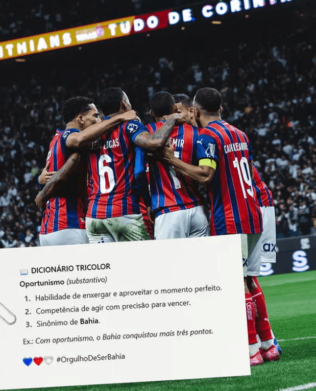 Triunfo com recado: Bahia ironiza o Corinthians após polêmica