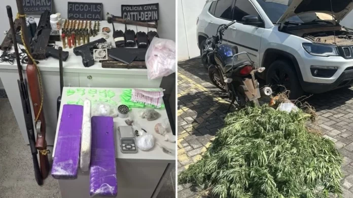 Polícia apreende submetralhadoras, espingardas, pistola, revólver e drogas