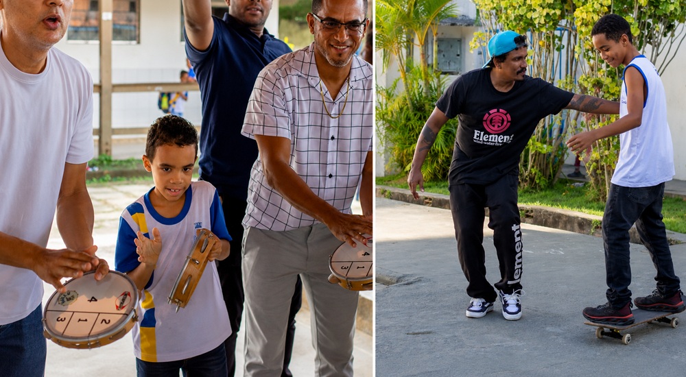 Escolas de Lauro de Freitas ganham aulas de skate e pandeiro; iniciativa amplia educação integral