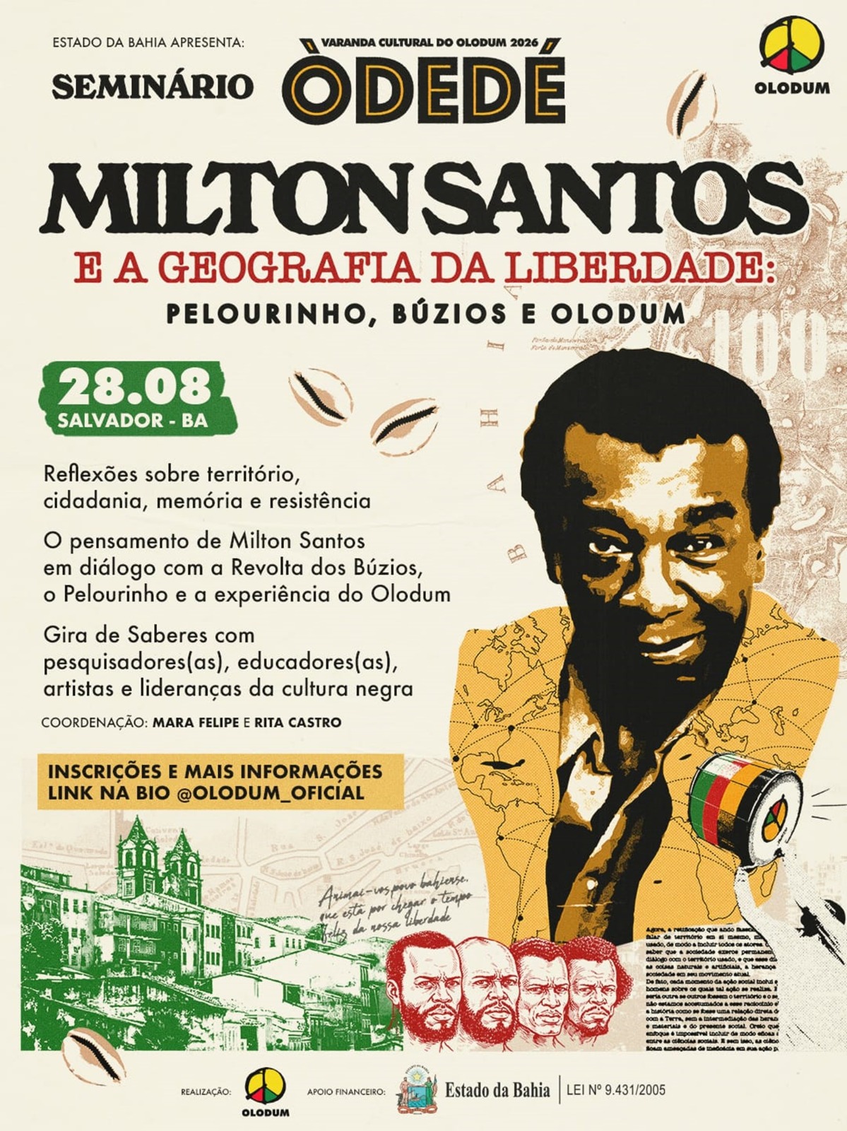 Olodum celebra centenário de Milton Santos com seminário sobre território, memória dos búzios e liberdade no Pelourinho